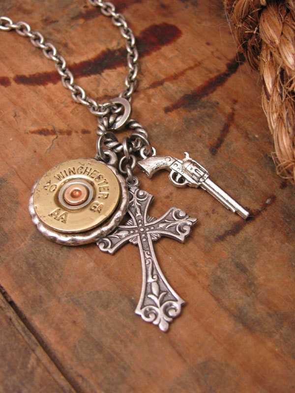 Shotgun Casing Jewelry - Winchester 20 Gauge - "God and a Gun" Charm Necklace - Shotshell, Pistol Charm and Crucifix