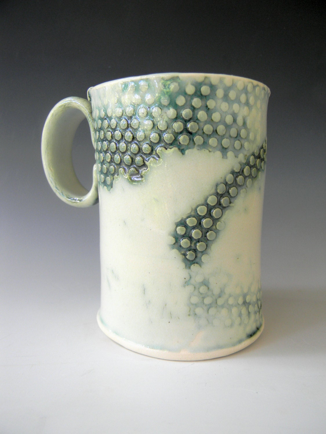 Tall Hand Built Copper Blue Coffee Mug - Rustic Screen Pattern