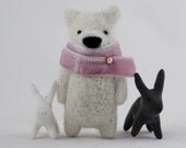 Felted snow white bear with pink scarf brooch
