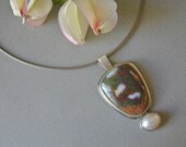 Ocean Jasper, Pendant, Freshwater Pearl, Sterling Silver, 14kt Gold, Large