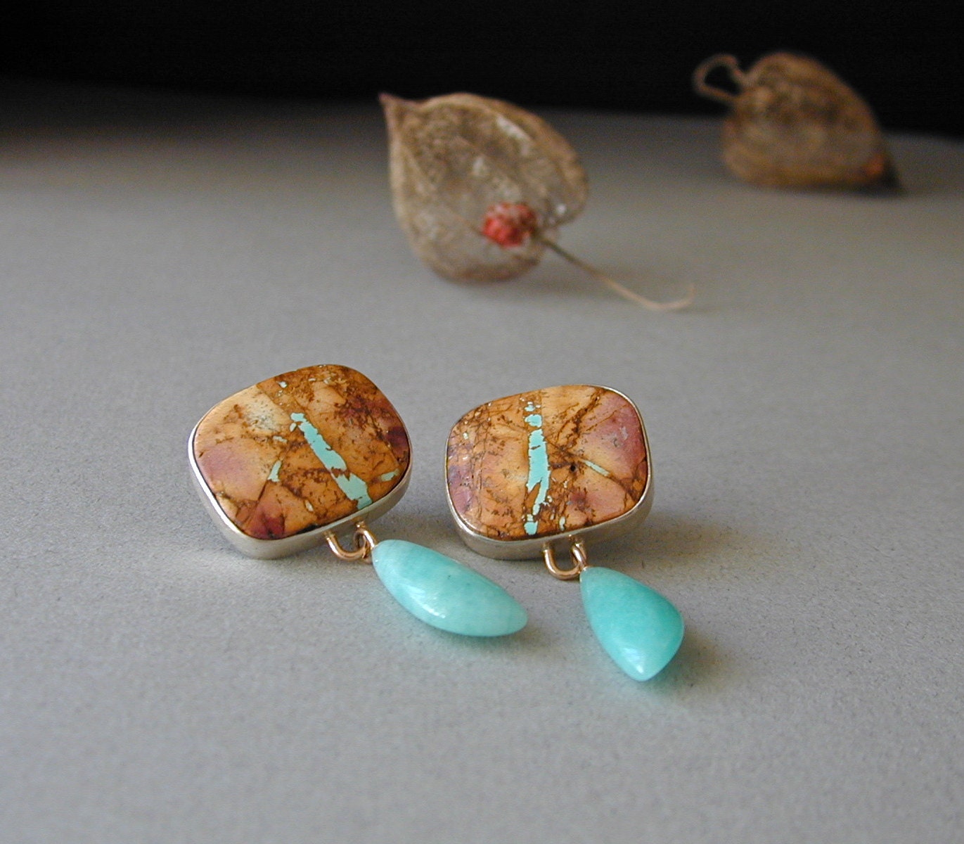 Turquoise Earrings, Nevada Boulder Turquoise, Amazonite Drop Earrings, Sterling Silver, 14kt Gold