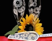 NEW Sunflower Wedding Cake Server and Knife & Champagne Flute Set, Personalized Set