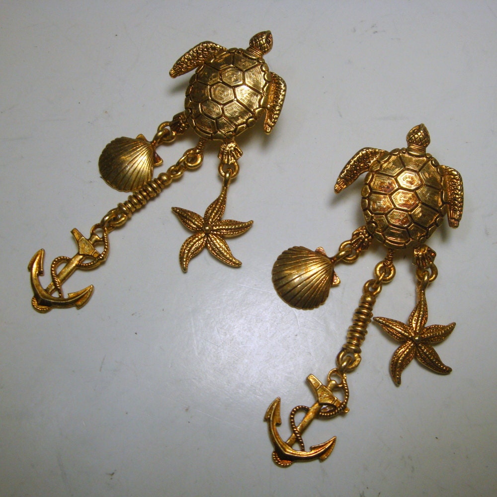 Sea Turtle Starfish Anchor Earrings by j j,  Jonette Collectible , J.J. Jewelry Posts, Gold Metal, 1980s, Nautical Beachy Dangles