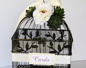 READY TO SHIP - Large Rustic Wedding Bird Cage Card Holder - Ivory With Succulents