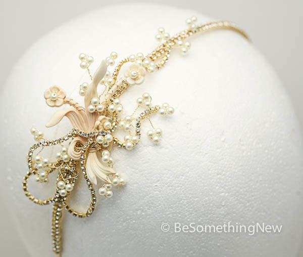Wedding accessory tiara of wired pearls and vintage ivory flower broach, 1920sVintage style weddings
