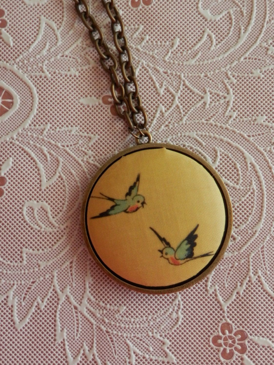 double sided large fabric button necklace - blue birds and flowers