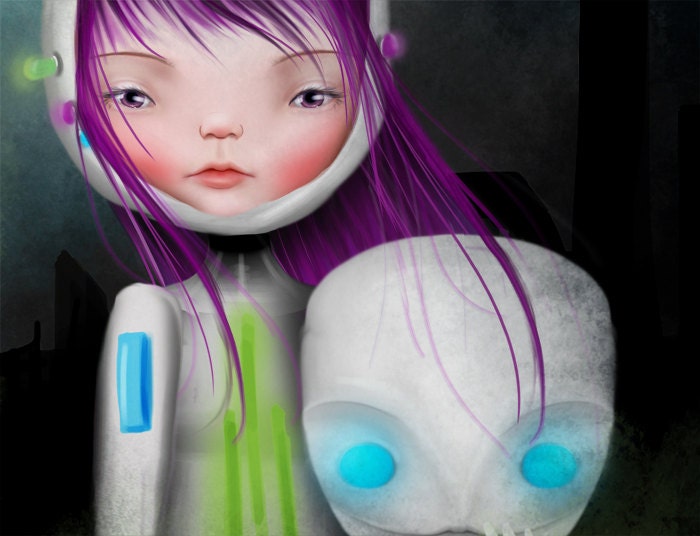 5x7 Premium Art Print - "Aurora" - Small Size Giclee Print of Original Artwork - Little Robot Girl by Jessica Grundy