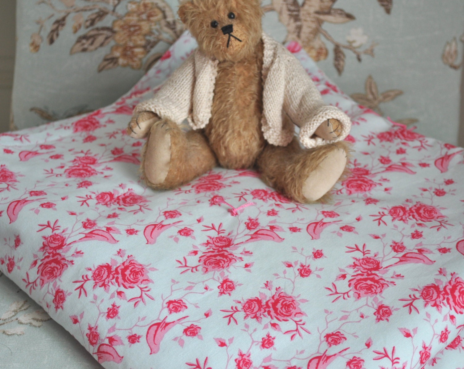 Pretty Handmade Throw for Laps, Kids or Decor - Tilda Rose Bird Teal