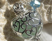 Sea Glass Necklace - Aqua Blue Mermaids Tears Heart Locket - Genuine Seaglass