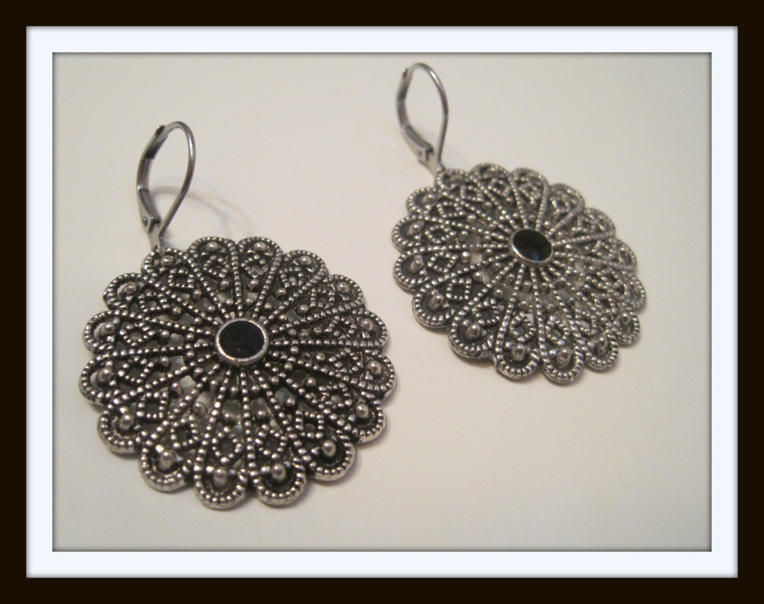 Antiqued Silver Filigree Surgical steel lever backs- Black