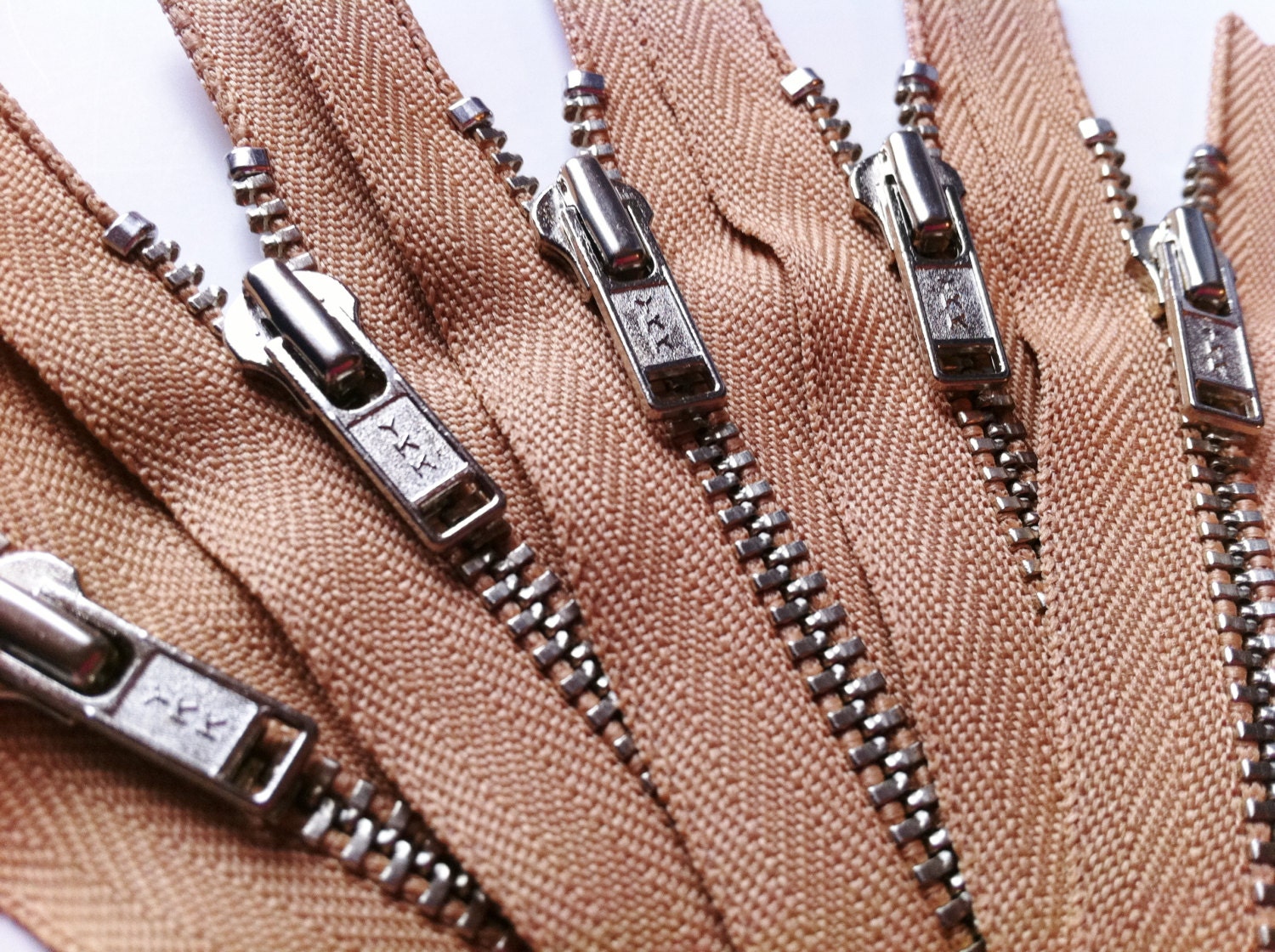 Metal Zippers- 12 inch closed bottom ykk nickel teeth zips- (5) pieces - Caramel 189