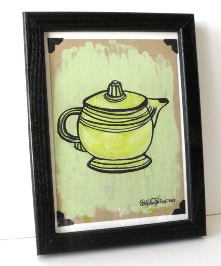 Original Painting of Green Vintage Fiesta Teapot Framed 5x7inches