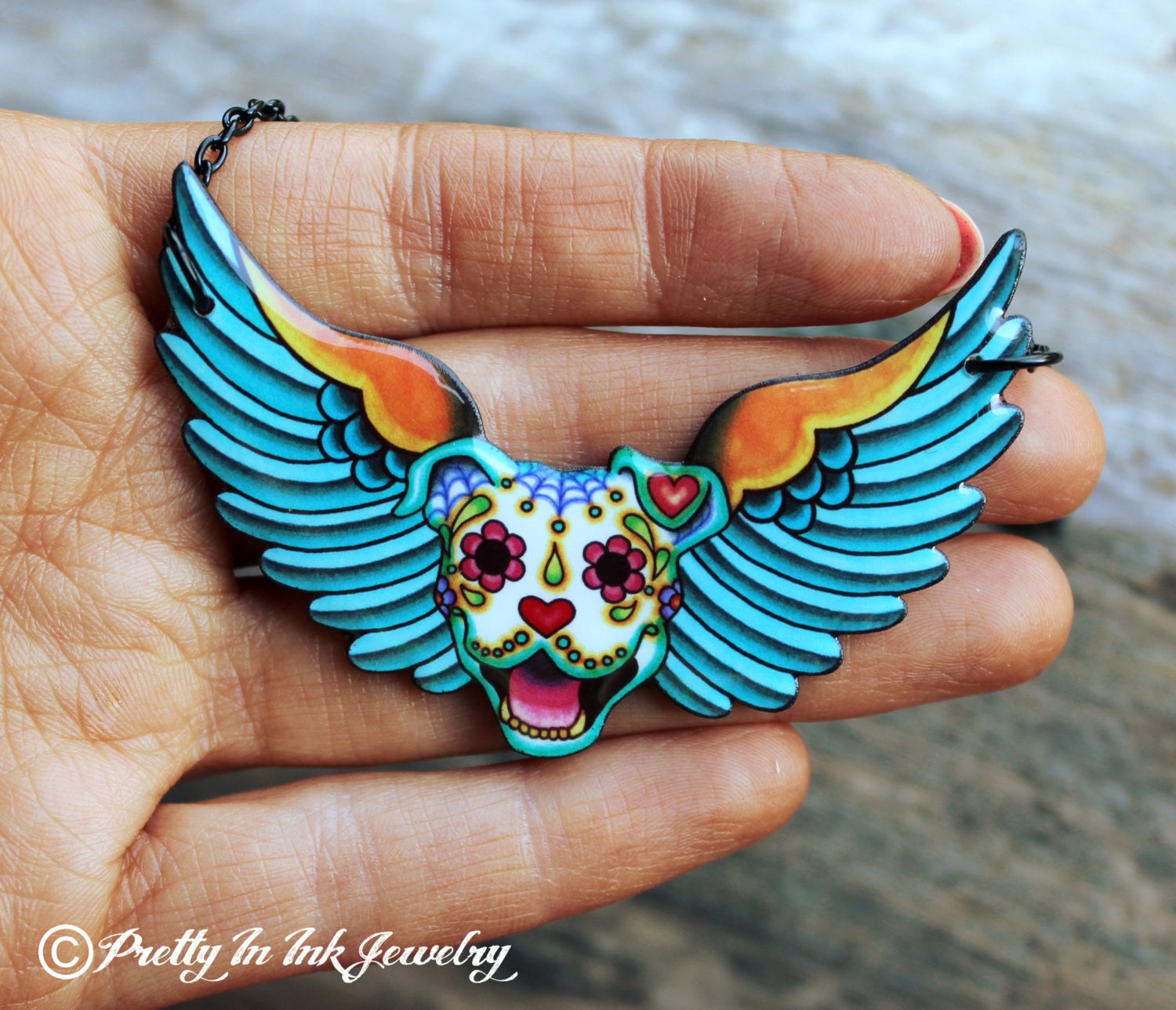 All Pit Bulls Go To Heaven Necklace - Day of the Dead Sugar Skull Dog