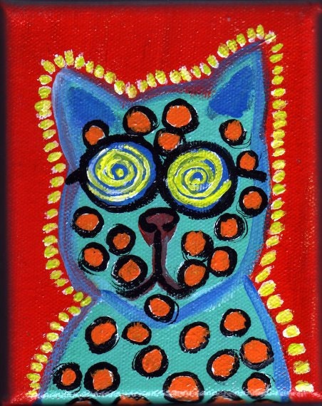 Psycho Four-Eyes Kitty Painting 4x5 inches Acrylic on Canvas Original Art