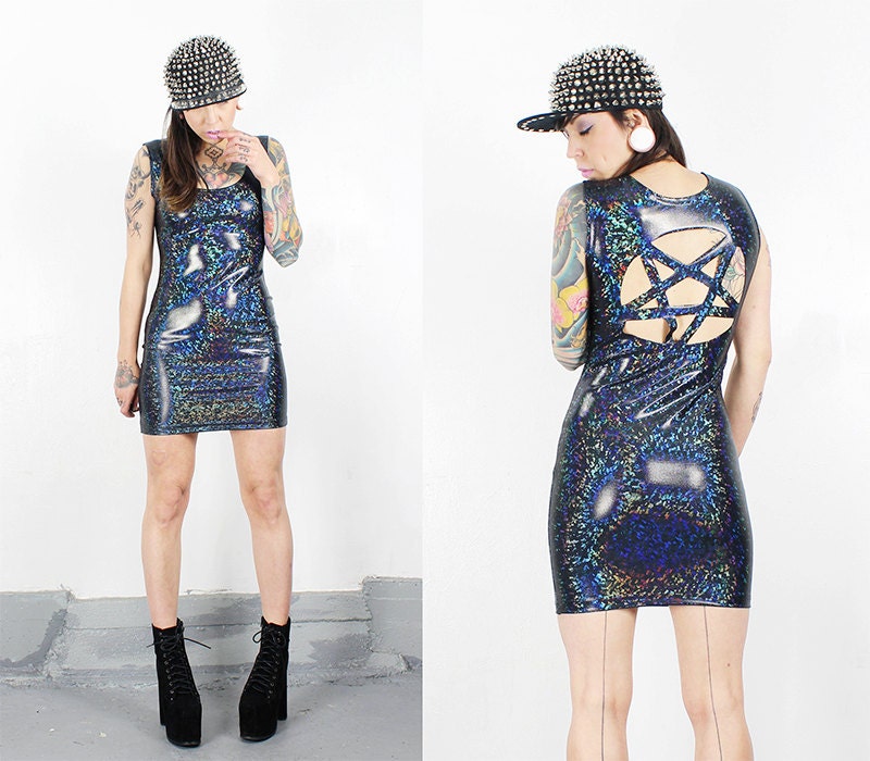All Pent UP - Black Hologram BodyCon Sleeved-Less Pentagram Cut-Out Back Dress MADE-To-ORDER