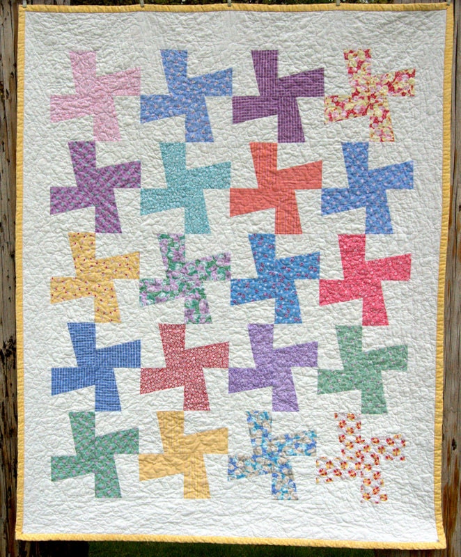 Funky Pinwheels Calico Patchwork Child Toddler Baby Crib Quilt / Blanket - READY TO SHIP
