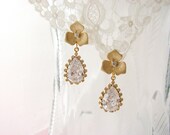 Gold flower and rhinestone drop earrings, bridal wedding formal dangle teardrop sparkle