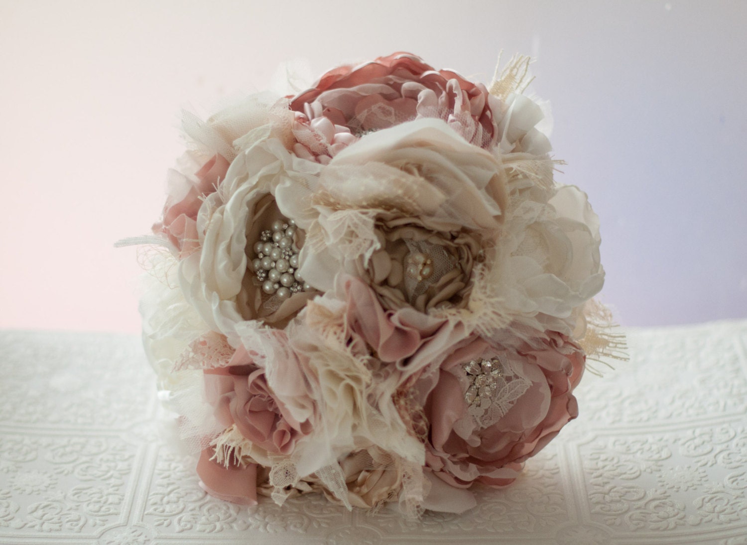 Fabric Flower Custom Wedding Bouquet, with rhinestone and pearl brooches, choose your colors