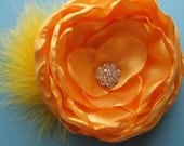 Sunshine Yellow Peony Couture Hair Clip - handcrafted with satin, feathers, and rhinestones