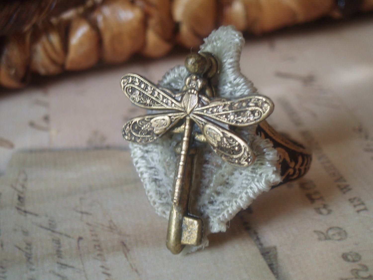 Falling Leaves - Dragonfly Ring, Key Ring, Leaf Ring, Adjustable Ring
