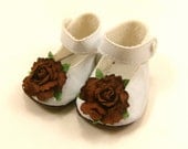 Doll Shoes for 18" Dolls Embellished Mary Jane Shoes White With Chocolate Brown Paper Roses