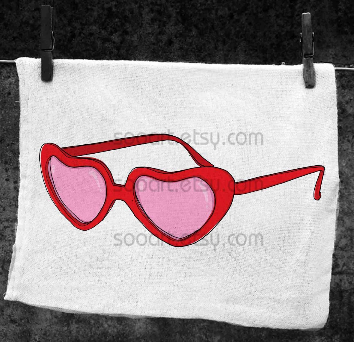 Heart shaped red sunglasses vintage- Drawing  A4 Transfer Print Pillows, t-shirts, scrapbook, lampshades