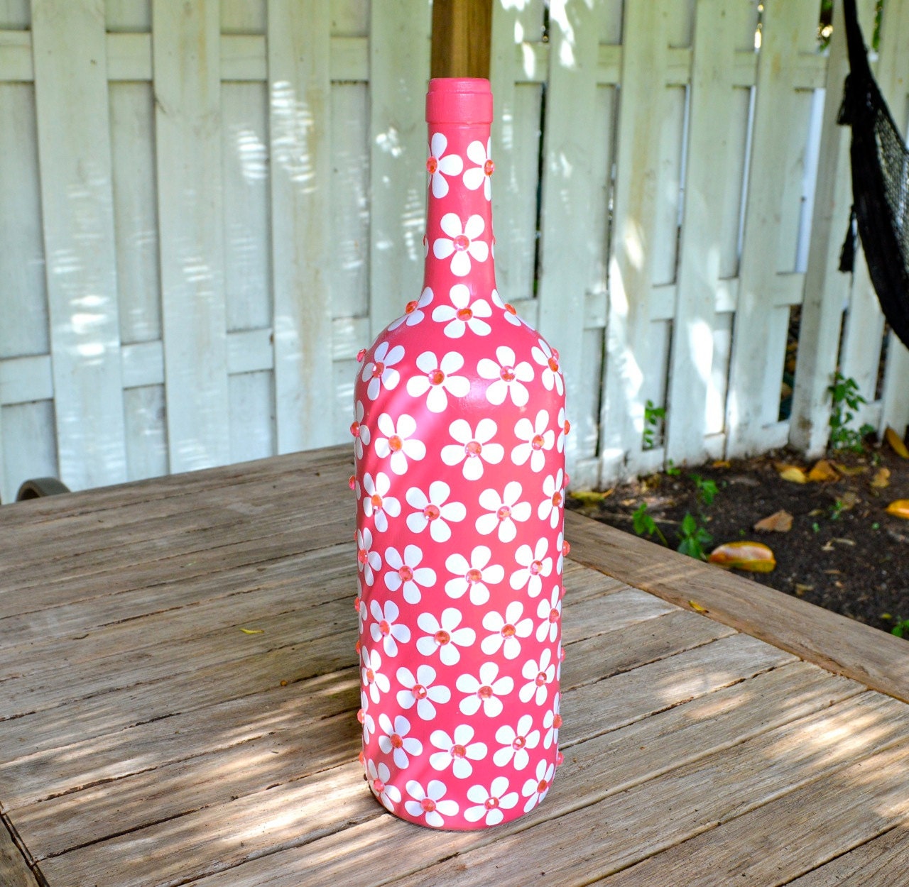 Bright Pink Floral Inspired Upcycled Decorative Glass Bottle