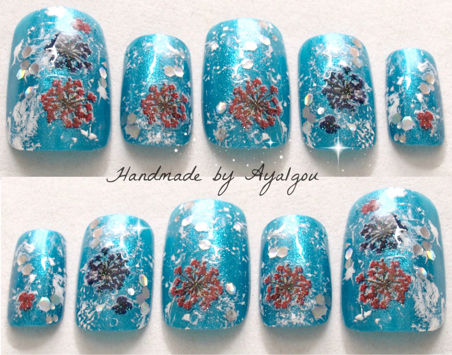 Summer, fake nails, acrylic nails, aqua blue, flowers, splash, Asian, Japanese nail art