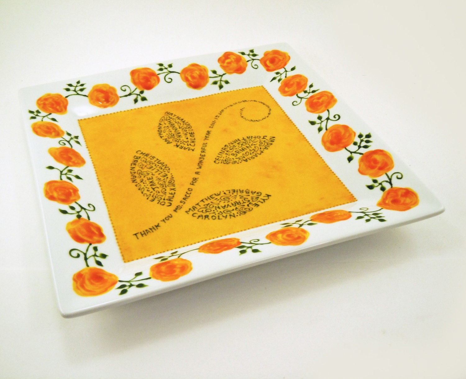 Teacher appreciation plate - Custom hand painted plate personalized with names & birthday message - Yellow orange roses