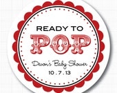 Ready to Pop (carnival) . Personalized Baby Shower Stickers, Popcorn Box Labels or Envelope Seals