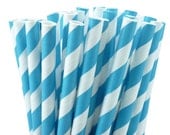 25 Turquoise Blue Striped Paper Straws