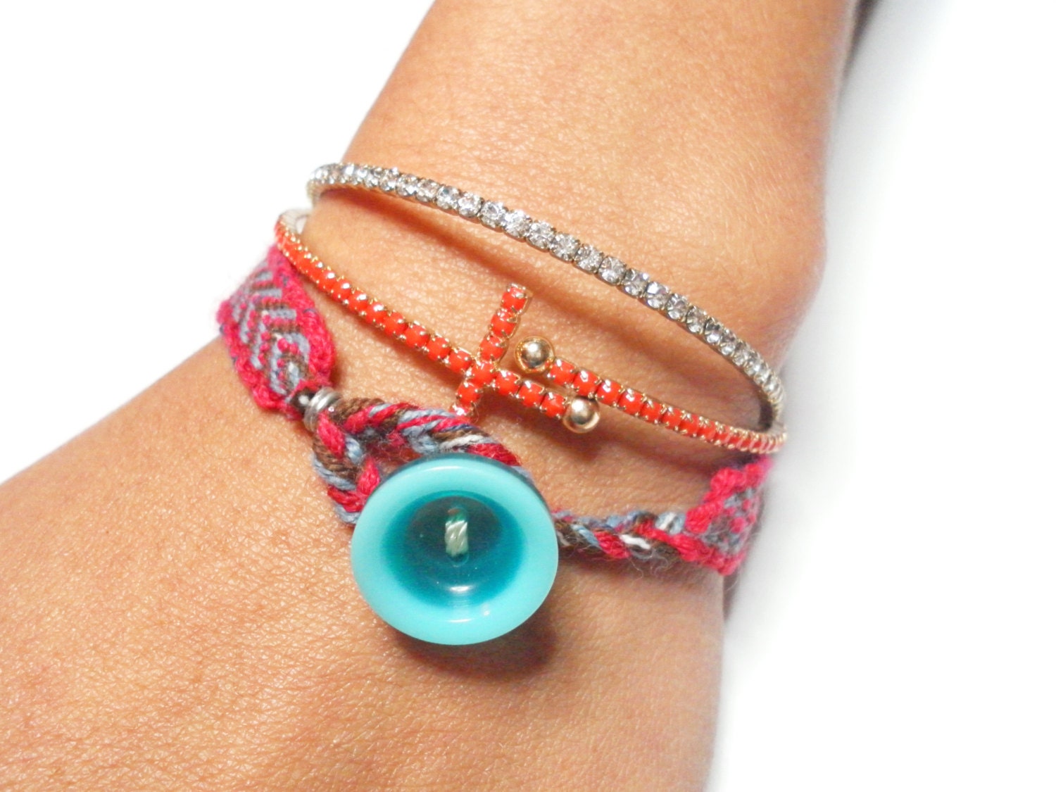 Indie hippie red blue brown loom woven friendship bracelets - vintage turquoise blue button mixed media free people inspired