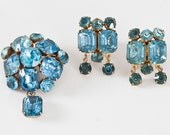 1950's Aqua Blue Rhinestone Brooch & Earrings - Sapphire Blue Pin and Earrings Set