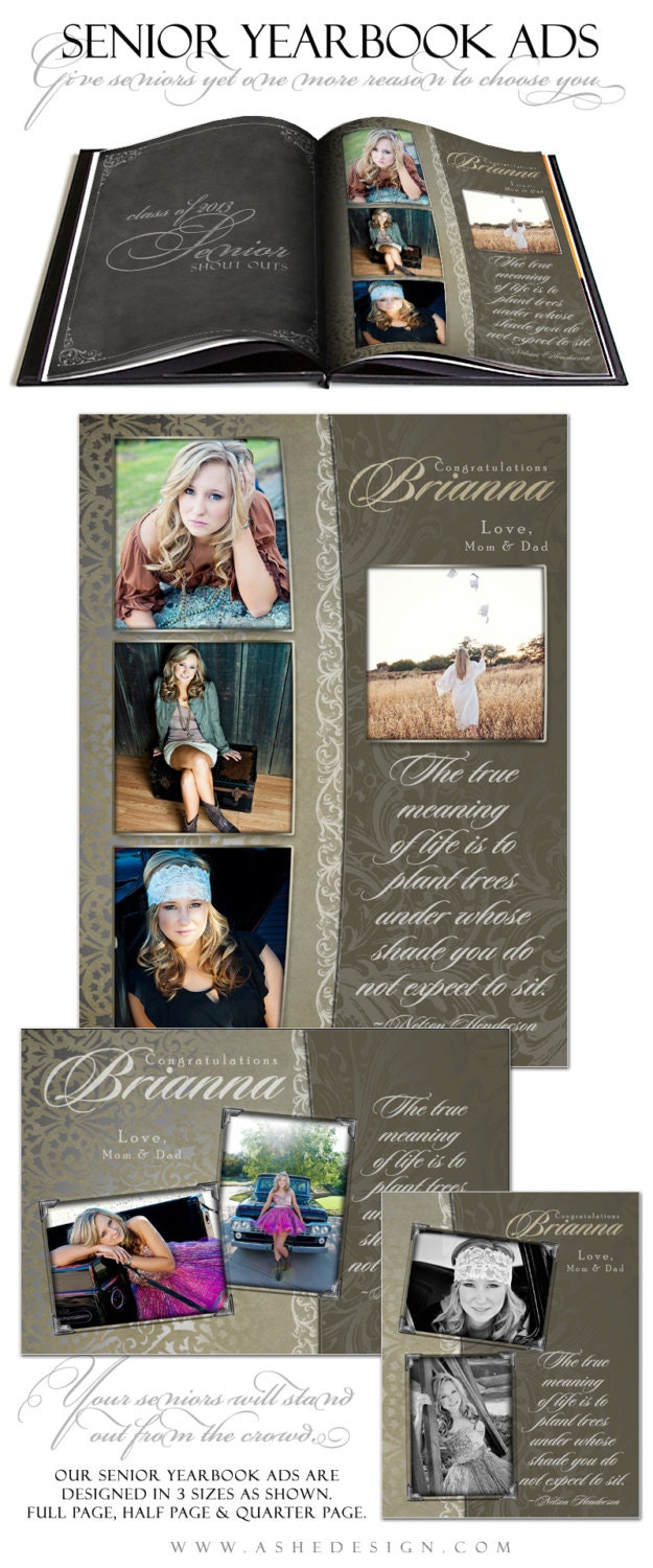 SENIOR Yearbook Ad Sets for Photographers - ANTIQUE DAMASK - (3) Templates - Full page, Half page & Quarter Page Designs
