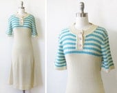SALE 1970s knit wool dress / vintage 70s knit sweater dress / cream and aqua blue striped dress