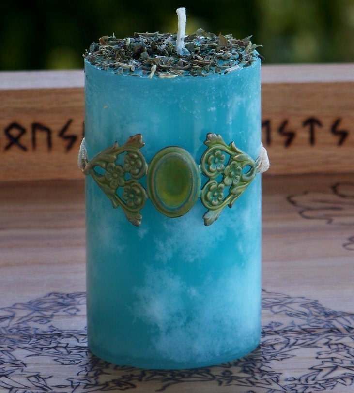 HEALER'S MOON Aqua Blue Verdigris Patina Filigree Pillar Candle w/ Eucalyptus, Ivy, Thyme, Rue for Healing, Harmony, Inner Balance