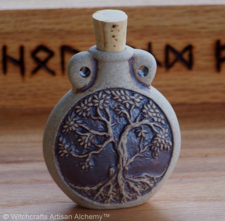 TREE OF LIFE Old World Magick Raku Style Clay Potion Bottle for Spell Oil, Diffuser, Incense Powders, Pet Animal Familiar Ashes