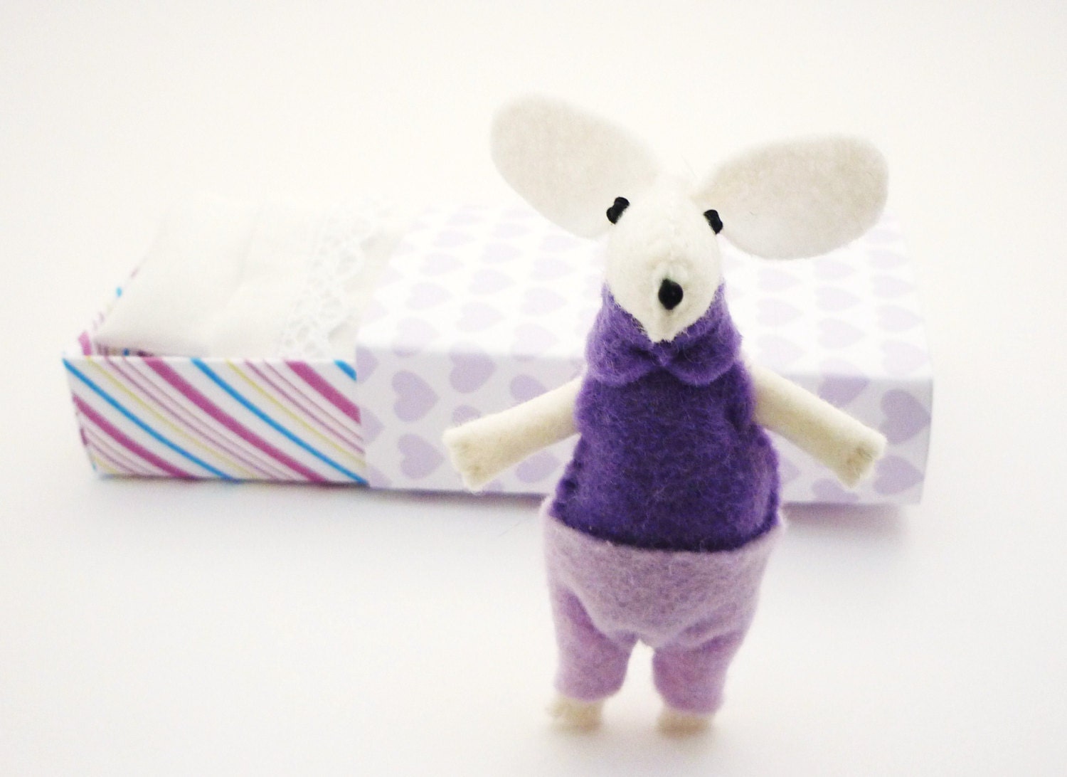 Felt mouse plush miniature lilac violet in matchbox bed floral geometric