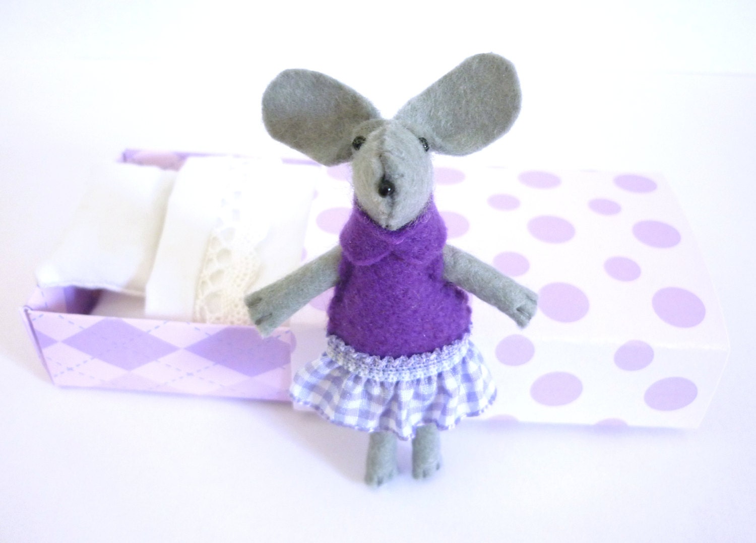 Violet lilac chevron stuffed animal felt mouse in match box bed