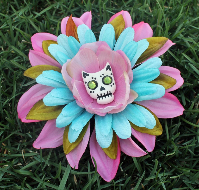 Pastel Cat Sugar Skull Combination Hair Clip and Pin