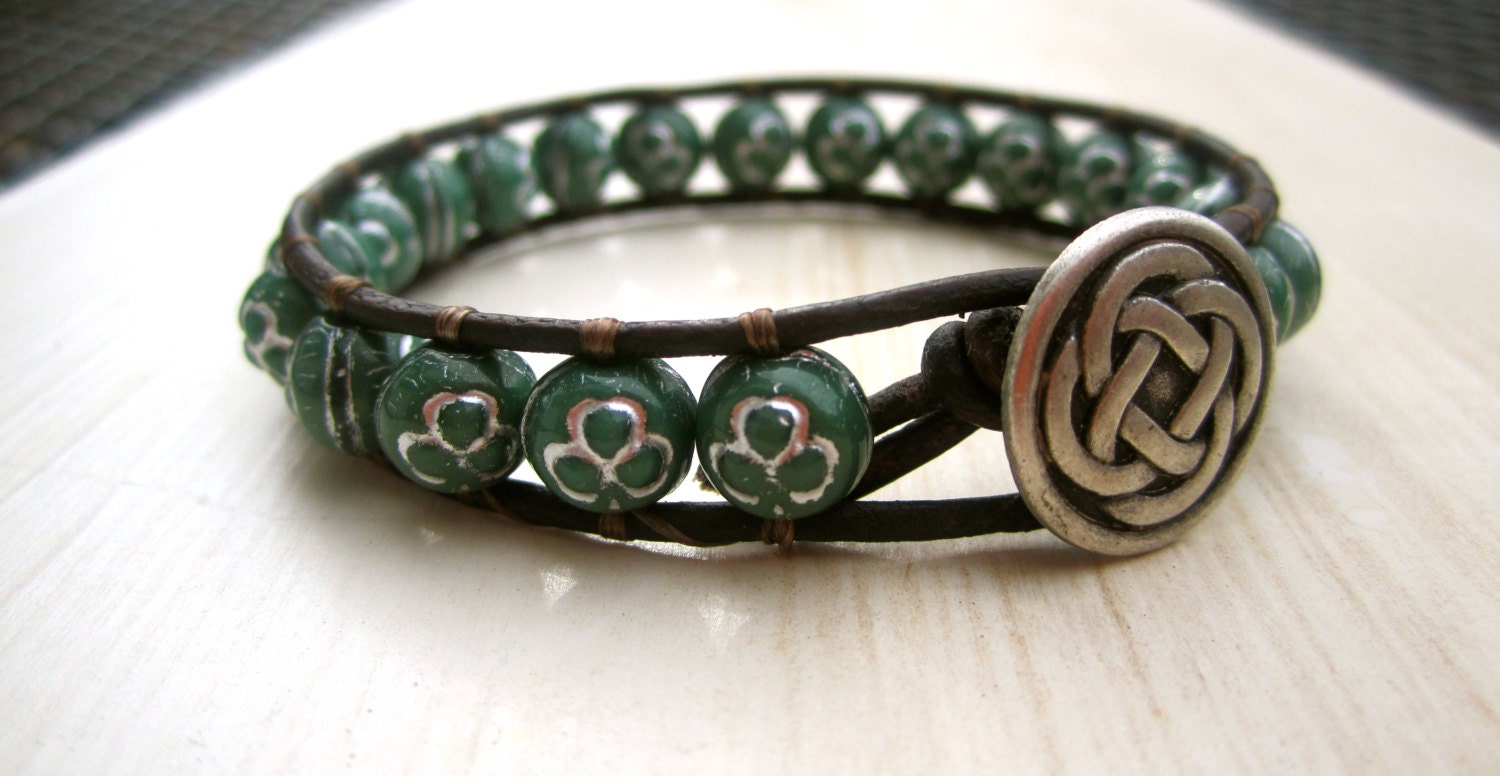 St. Patrick's Day Leather Wrap Bracelet, Celtic, Green, Bohemian, Rustic