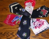 Vintage Lot of 6 RED and BLACK Floral Flowers Slight Imperfect Wedding Favors Handkerchiefs, No. 8229