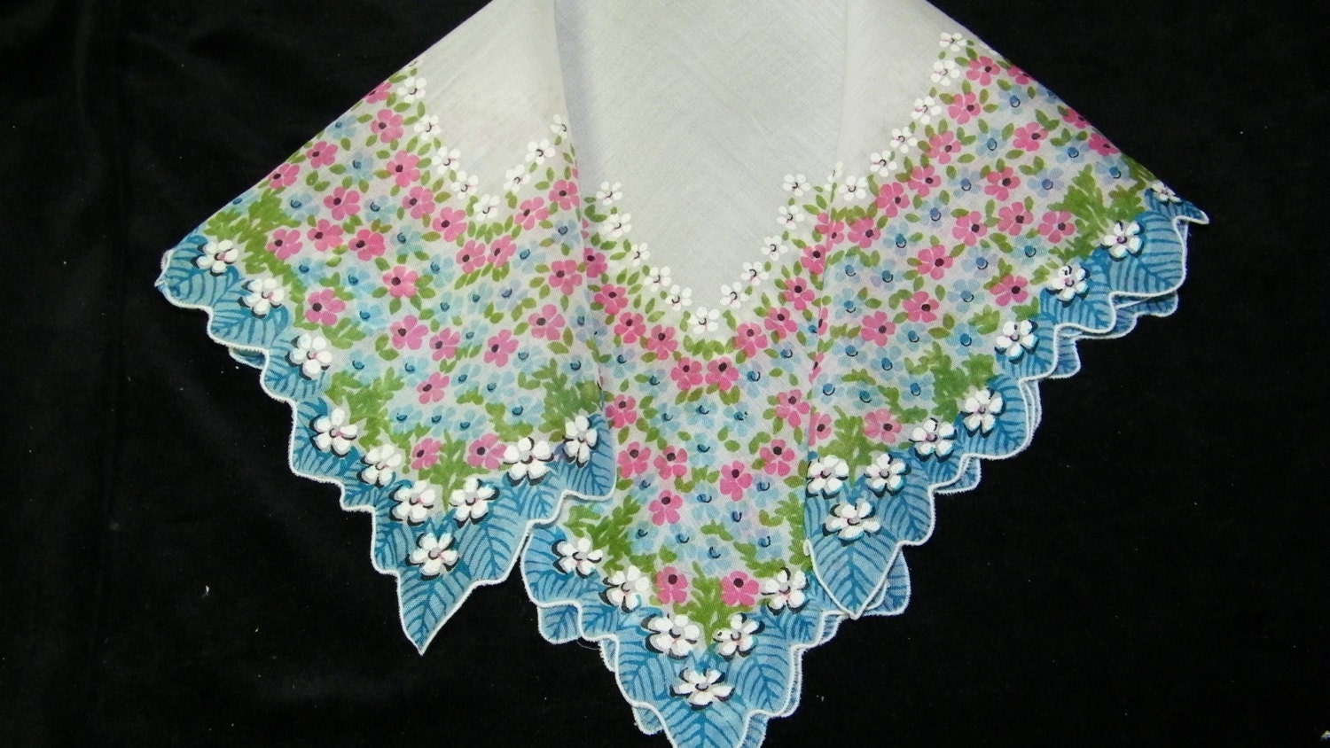 Vintage 14.5" Scalloped Pink and Blue Blank Center Area Floral Handkerchief, 8363