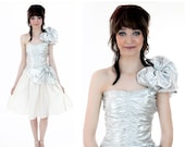80s Silver Party Dress Metallic Formal Vintage Silver Lame' Rouched Gathered Ruffle Bow Prom Cocktail 5/6 S Small XS