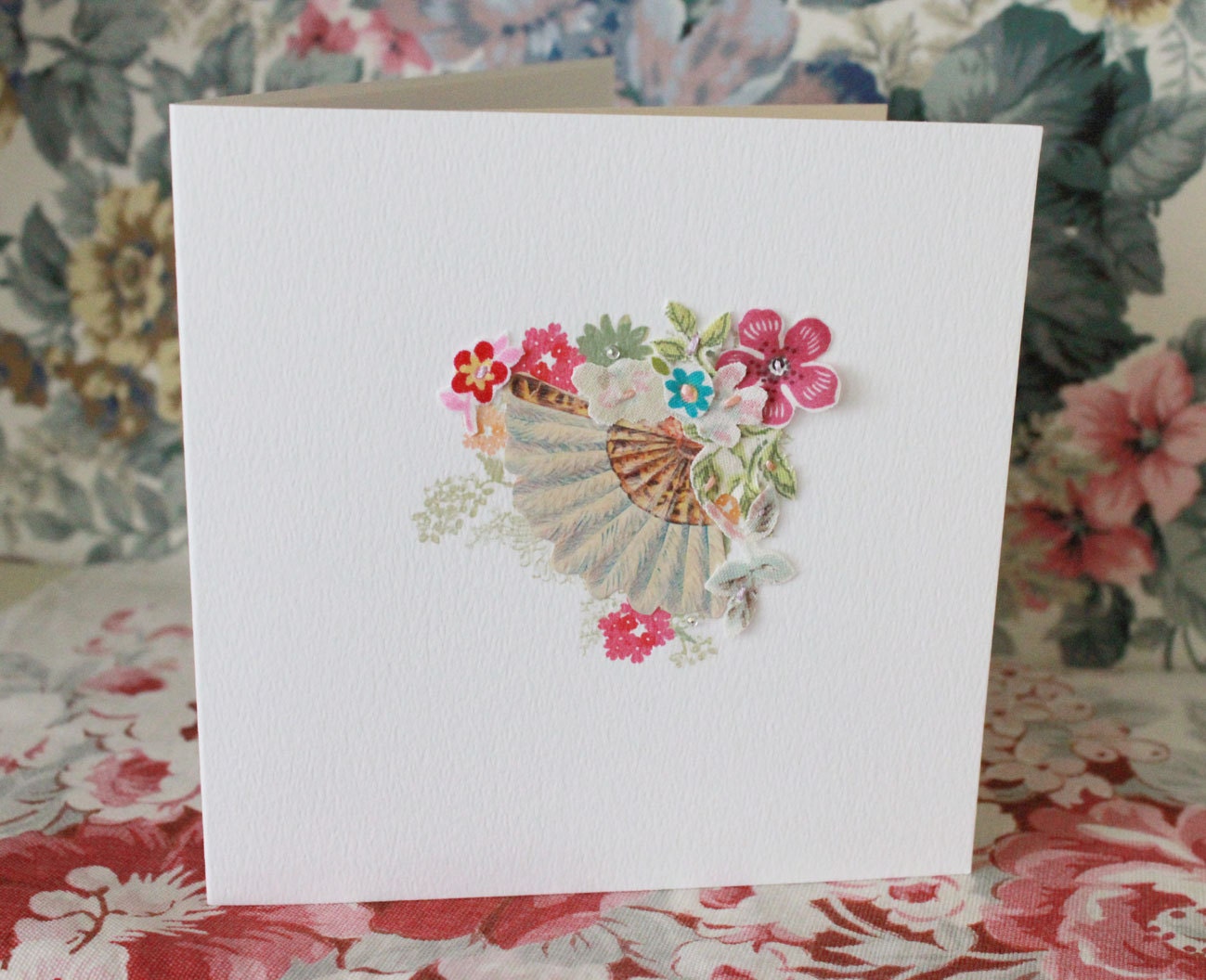Fabric collaged 'floral arrangement' card - blank. (no.6)