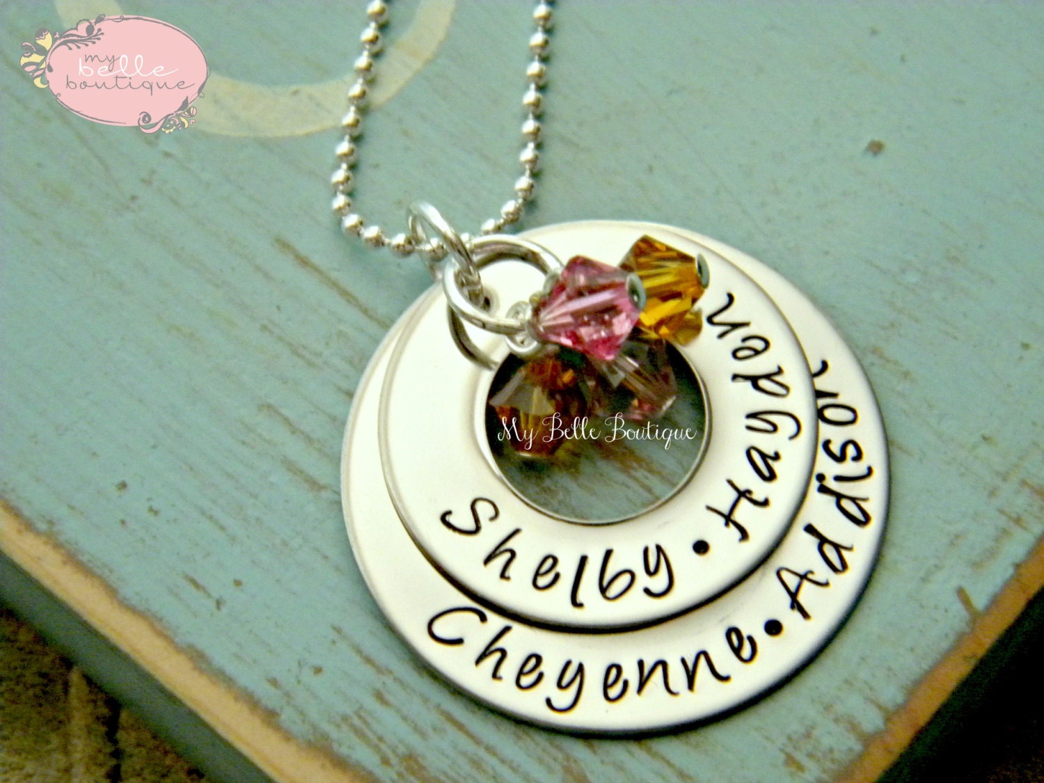 Personalized Hand Stamped Double Washer Necklace with Swarovski Birthstone Charms