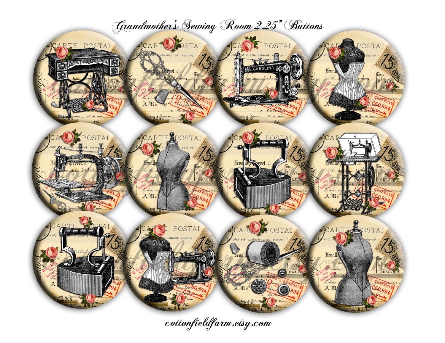 Grandmother's Sewing Room Victorian Sewing  2.25 Inch Buttons for Weddings, Showers, Birthdays, Mother's Day, Set of 12 Buttons,  ECS