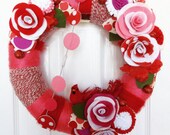 Apples and Cherries -  The Original Felt Yarn Wreath -  Retro Door Decoration in Red, Pink and Polkadot- Home Decor Art Textile