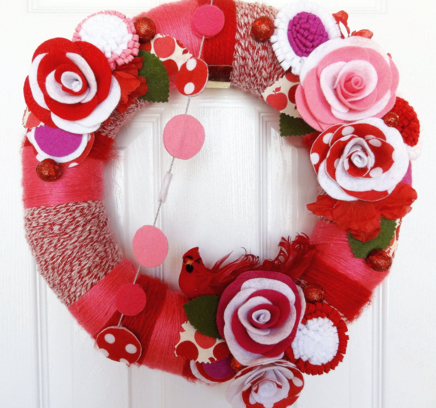 Apples and Cherries -  The Original Felt Yarn Wreath -  Retro Door Decoration in Red, Pink and Polkadot- Home Decor Art Textile