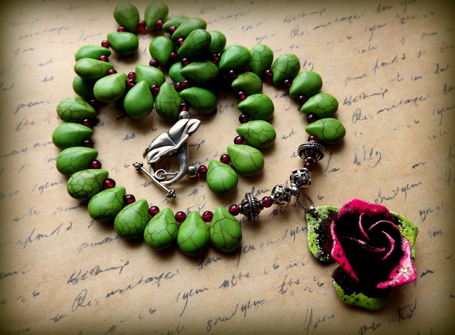 April Showers choker necklace with enameled rose pendant, Spring colors